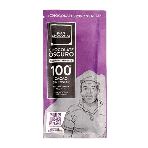 Barra Dark Chocolate 100% Cacao Unroasted 65g Juan Choconat